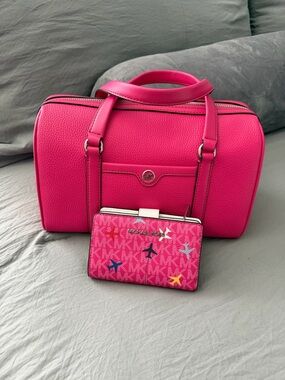 Michael Kors Bright Pink Leather Satchel with Printed Pink Wallet
